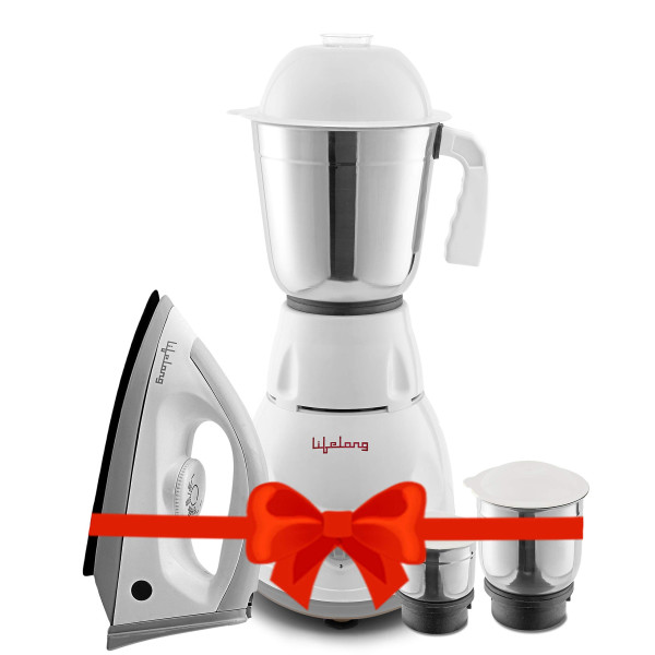 Lifelong Power - Pro 500 Watt 3 Jar Mixer Grinder with 3 Speed Control and 1100 Watt Dry Non-Stick soleplate Iron Super Combo (White and Grey, 1 Year Warranty)}