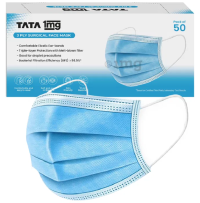 Tata 1mg 3 Ply Surgical Mask with Meltblown Filter and Nose Pin 50 Mask Light Blue